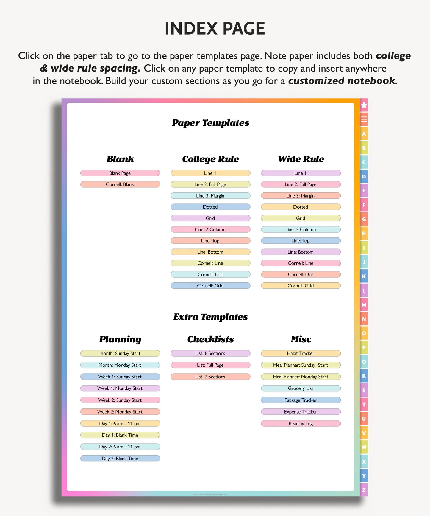 Rainbow A to Z Tab Notebook | Multiple Paper & Planning Templates