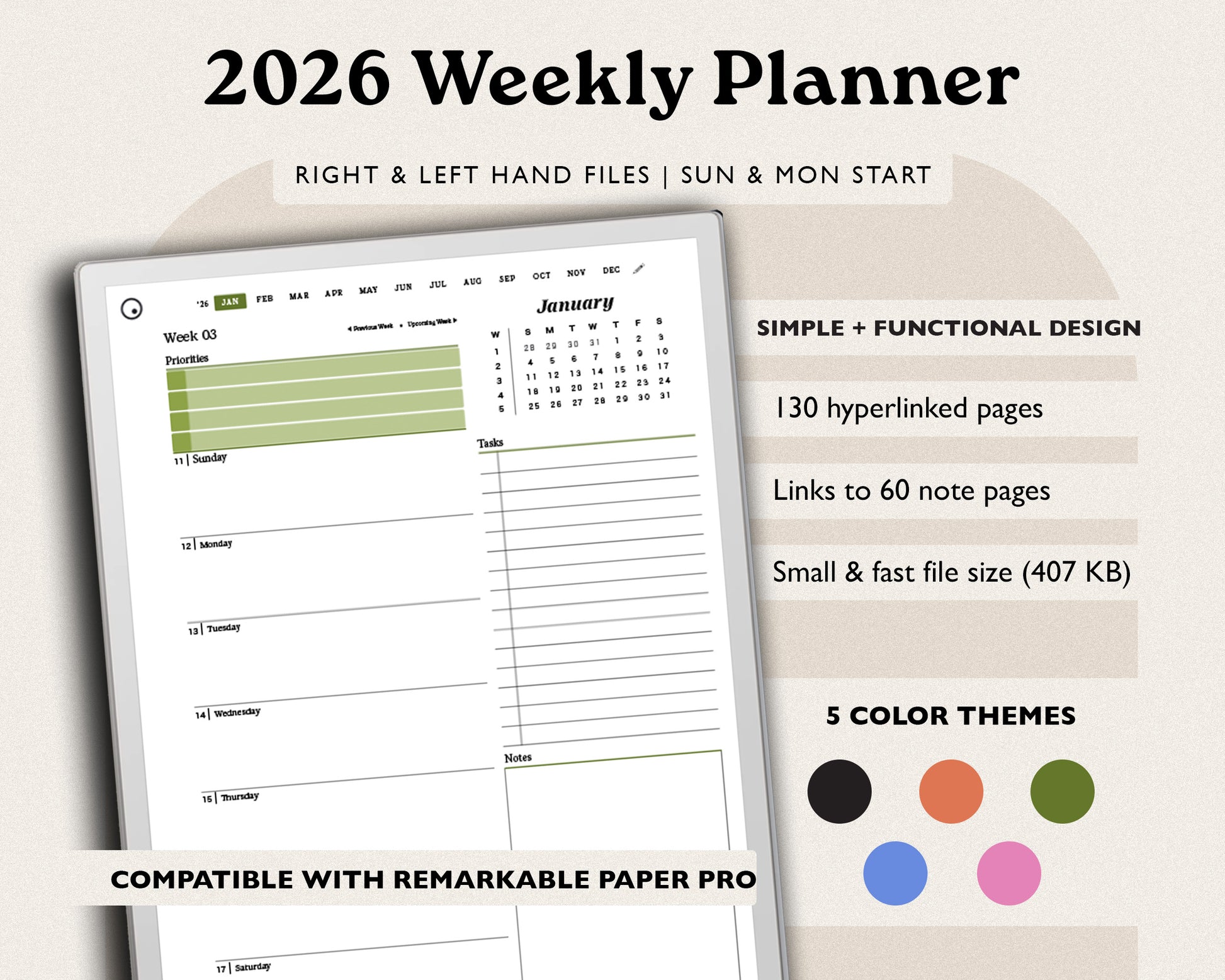 2026 weekly digital agenda for remarkable paper pro with green accents