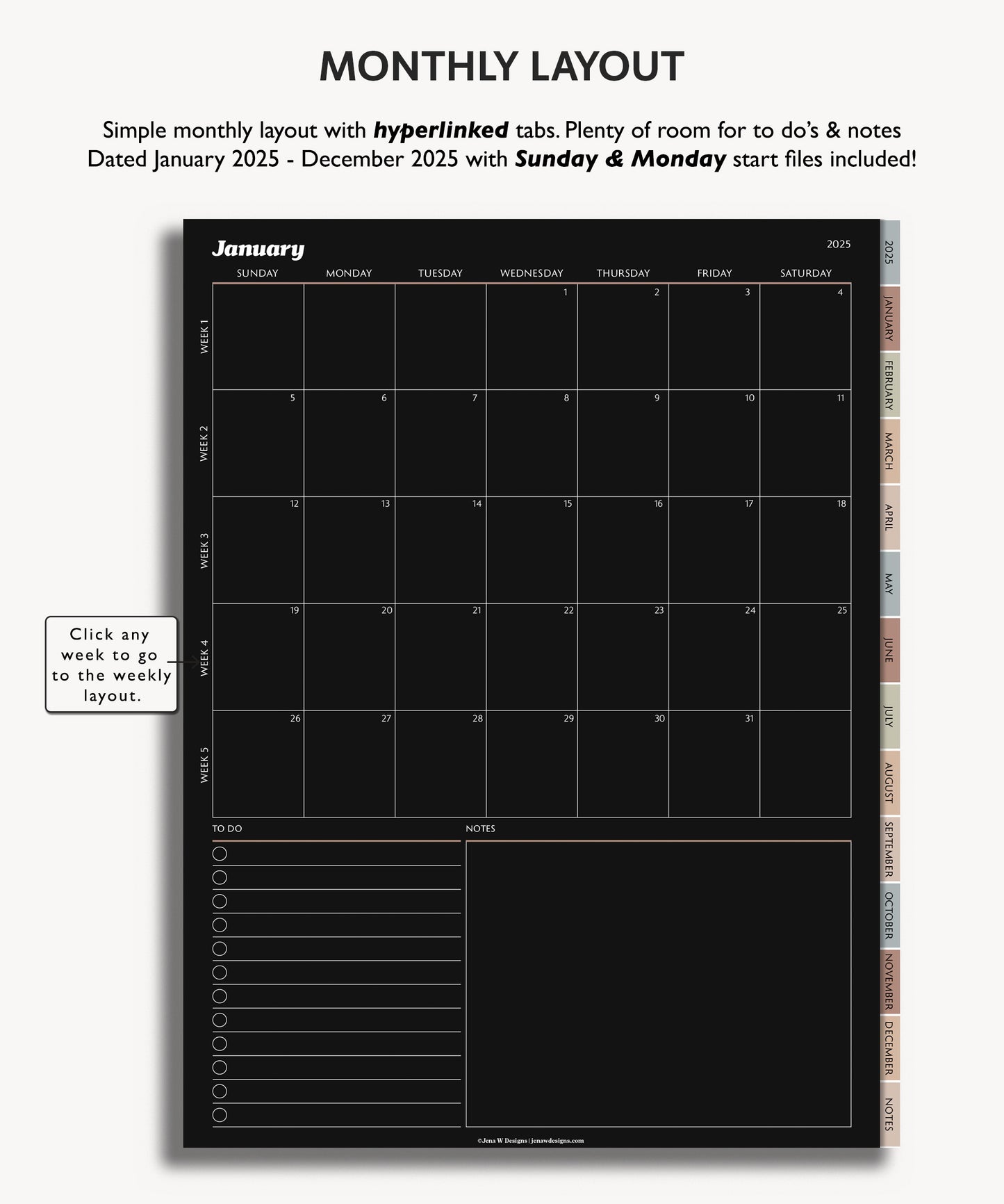 2025 Weekly Planner Dark Mode | Minimal Modern Simple Agenda