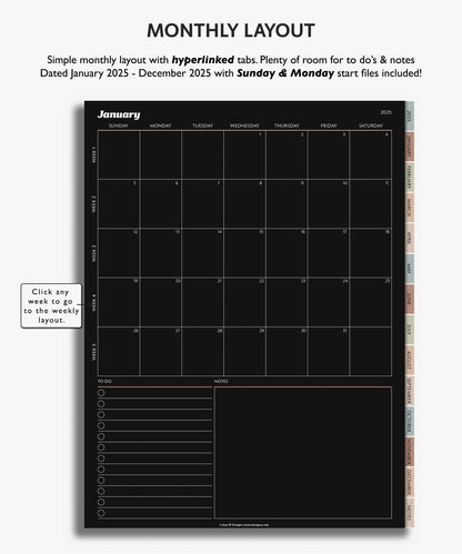 2025 Weekly Planner Dark Mode | Minimal Modern Simple Agenda
