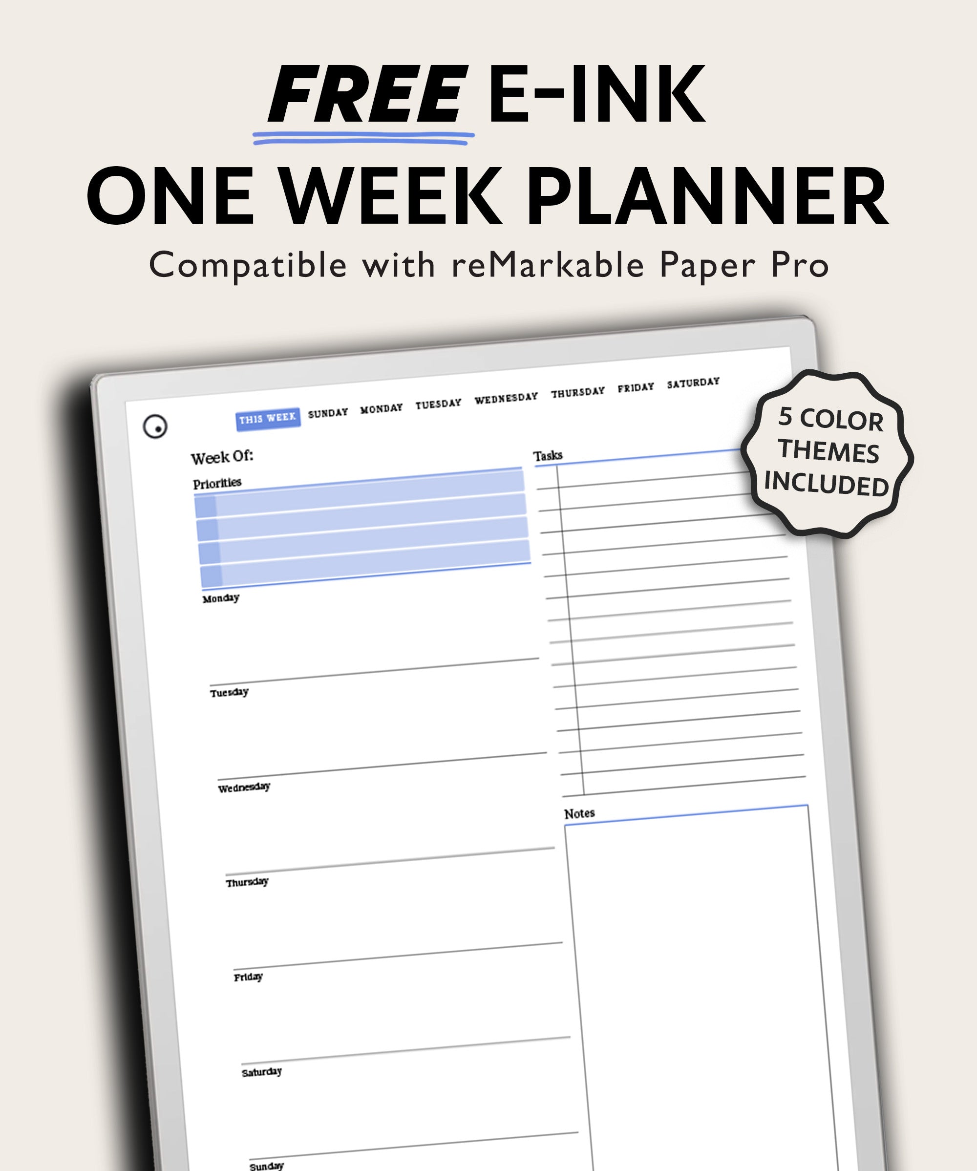 Free One Week Daily Planner | For reMarkable Paper Pro | Device Compat ...