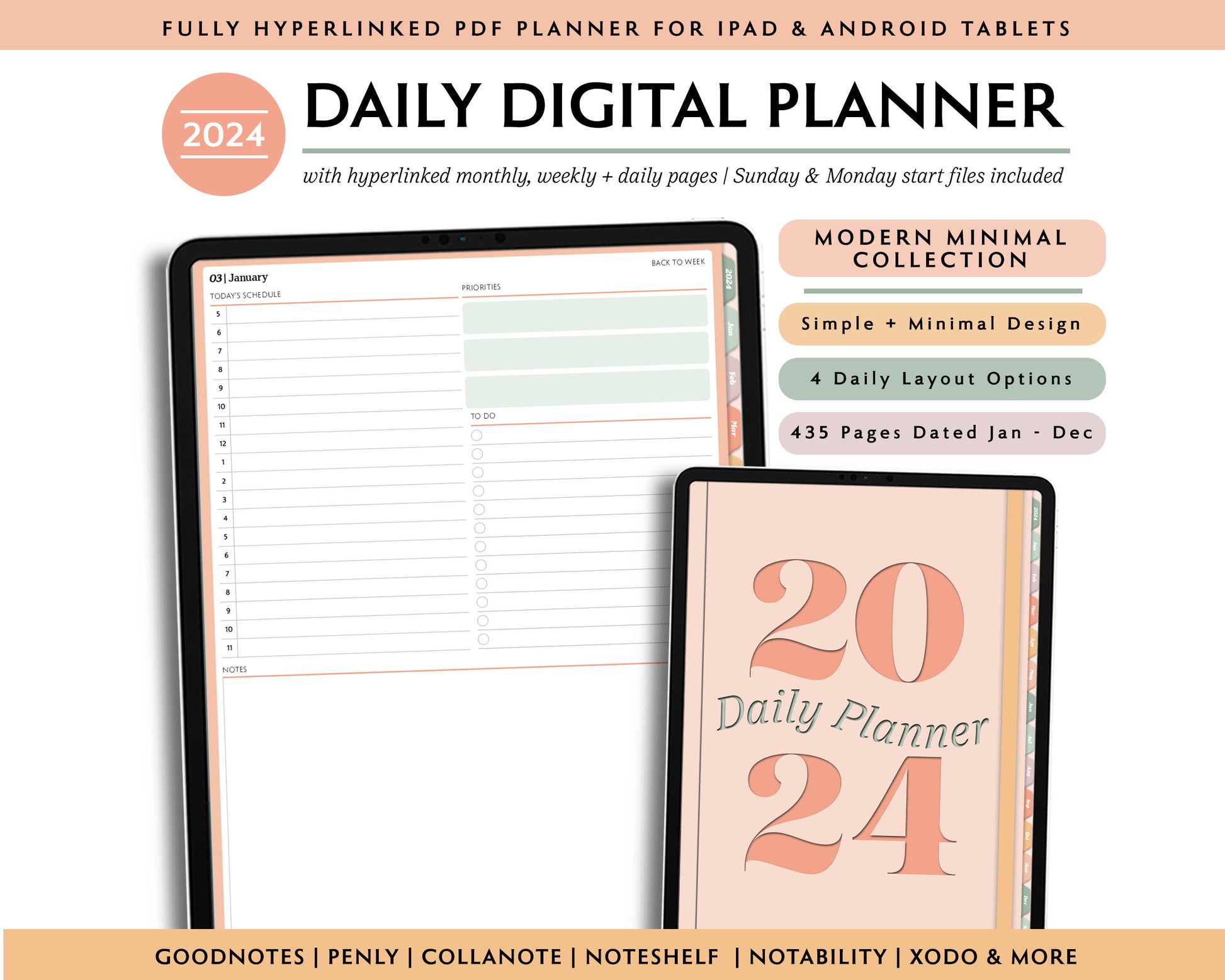 2024 Simple Daily Digital Planner  Modern Minimal Collection – Jena W  Designs