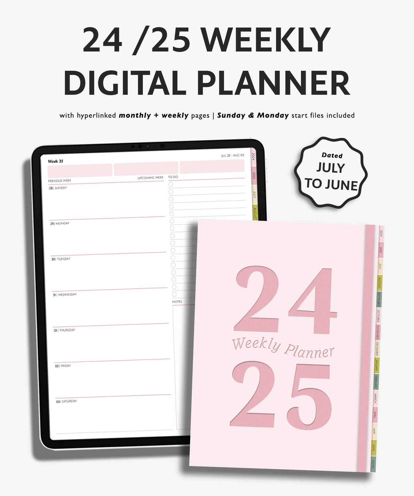 2024 2025 Mid Year Weekly Planner | Simple Minimal