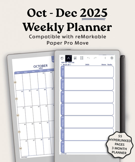 2025 Dated October-December Weekly Digital Planner for reMarkable Paper Pro Move | Mini Planner