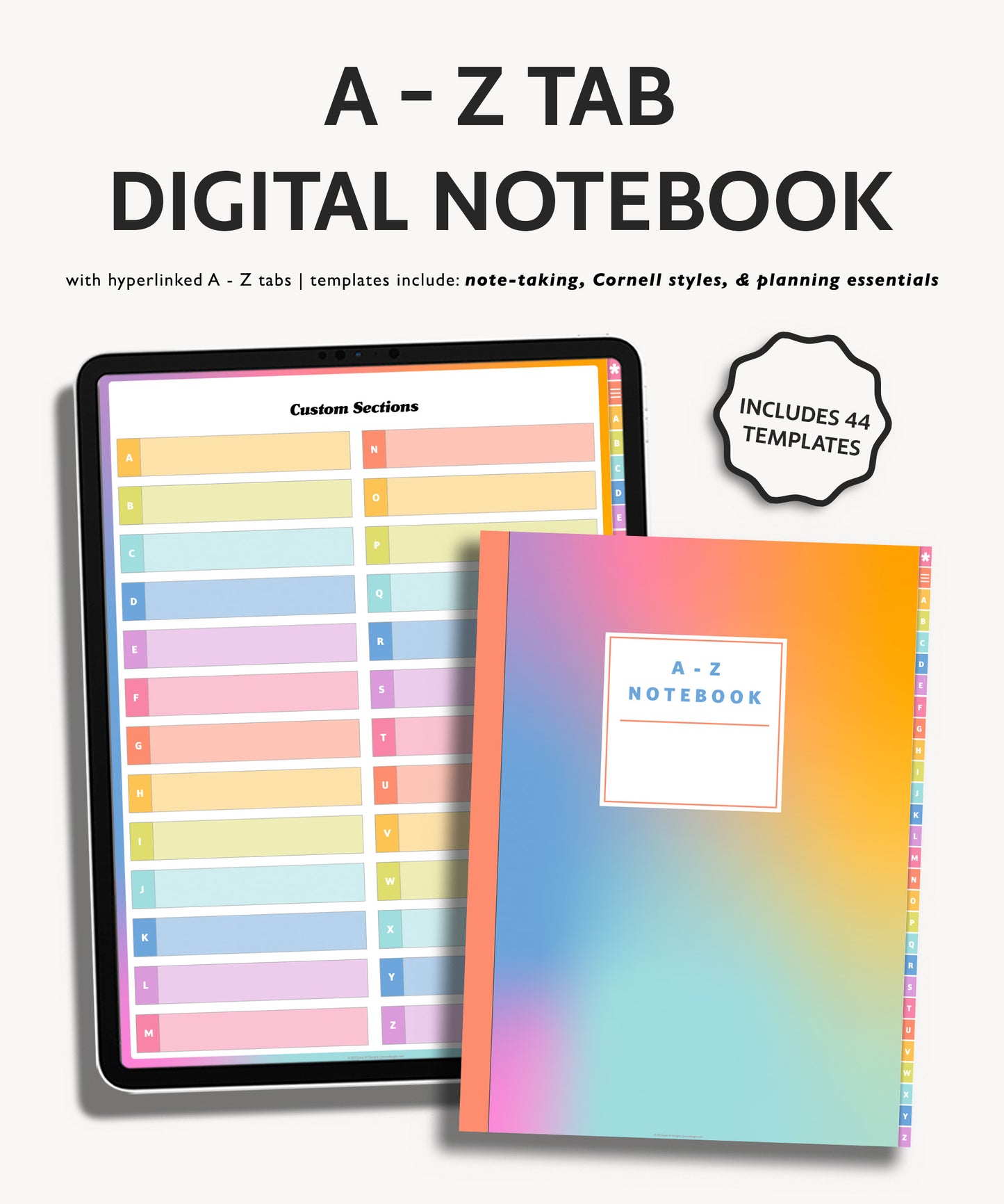 Rainbow A to Z Tab Notebook | Multiple Paper & Planning Templates