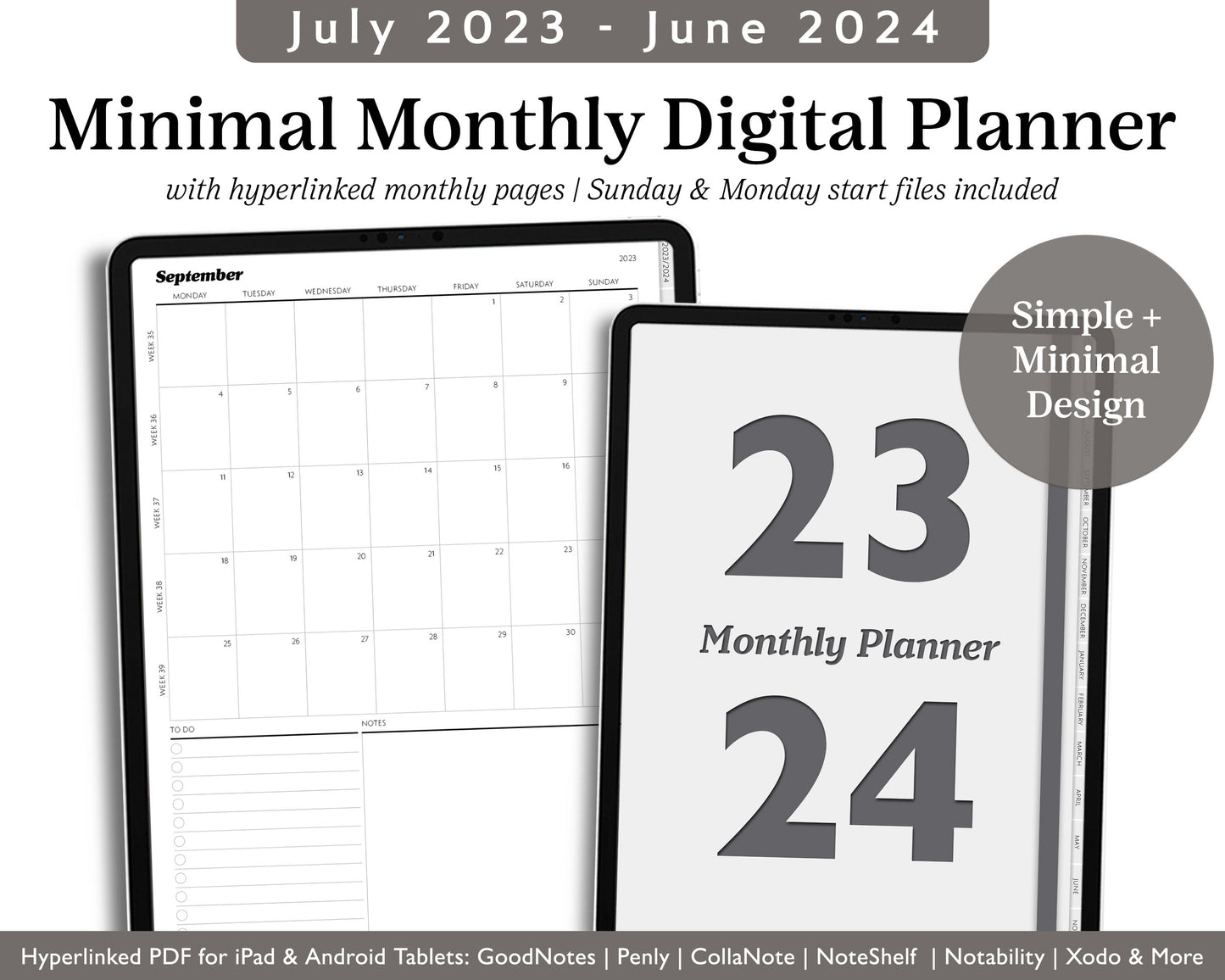 2023 2024 Mid Year Monthly Digital Planner | Simple Minimal