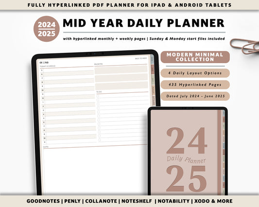 2024 2025 Mid Year Daily Planner | Minimal Modern Simple Agenda