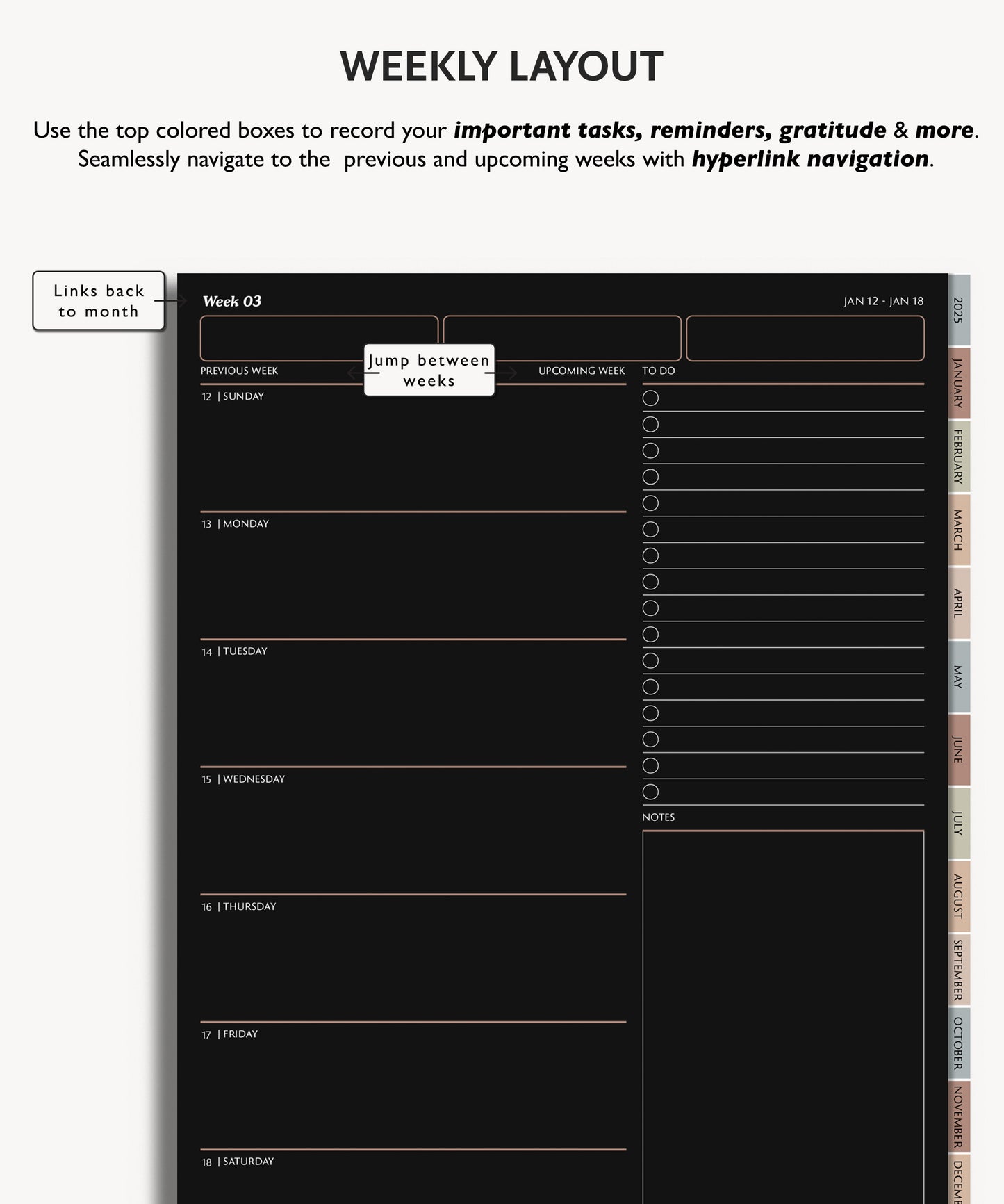 2025 Weekly Planner Dark Mode | Minimal Modern Simple Agenda