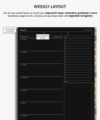 2025 Weekly Planner Dark Mode | Minimal Modern Simple Agenda