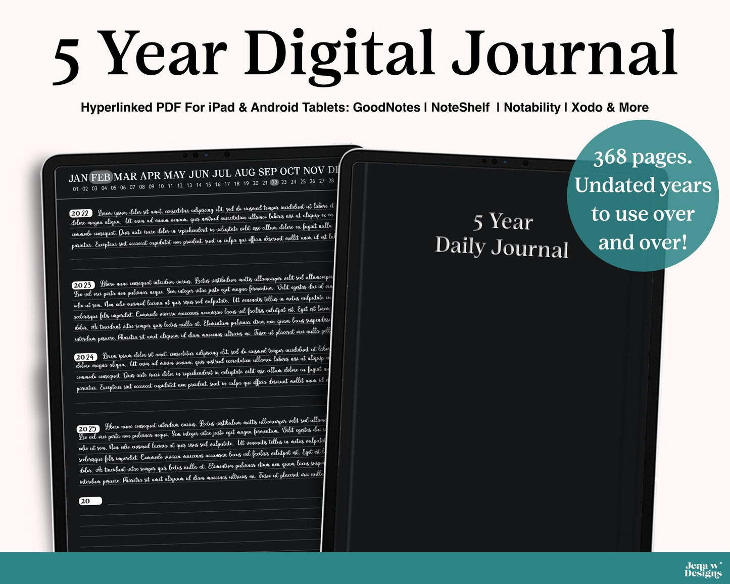 5 Year Journal | One Line a Day Gratitude Book | Black Paper Dark Mode - Jena W Designs