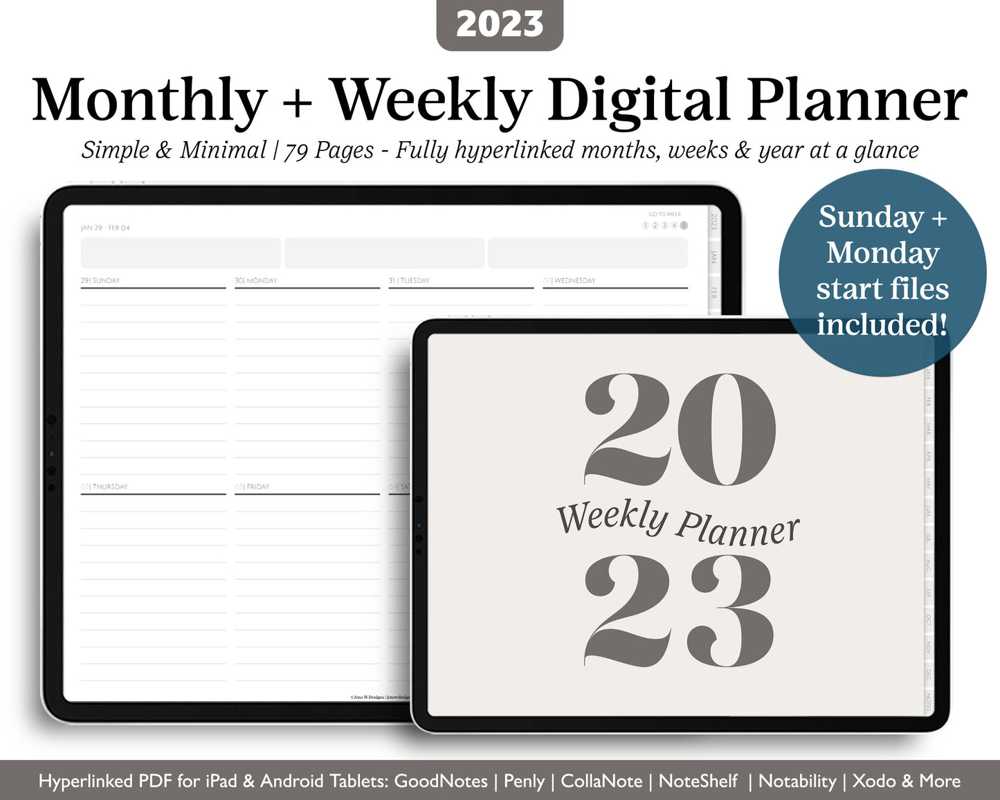 2023 Minimal Modern Monthly Weekly Planner | Digital Landscape Planner