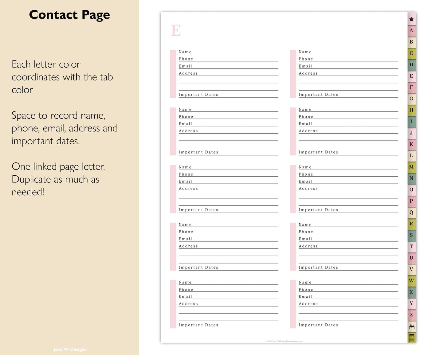 Digital Address Book | Hyperlinked PDF Contact Book - Jena W Designs