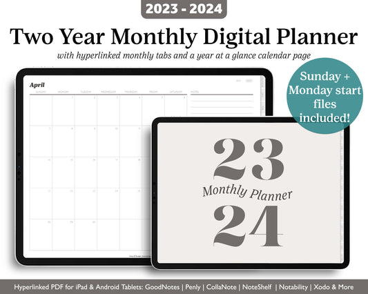 2023- 2024 Minimal Modern Monthly Planner | 2 Year Digital Planner Landscape