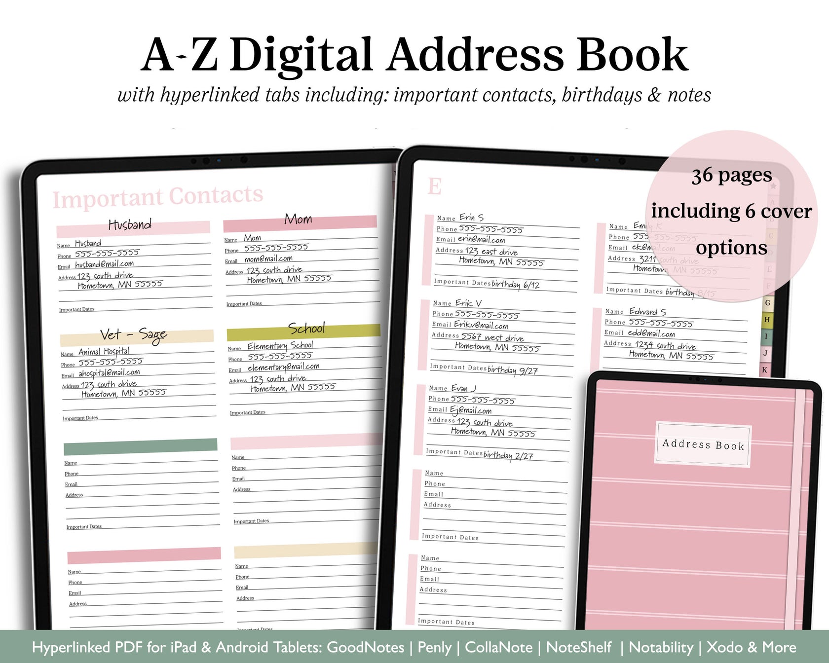 Digital Address Book Hyperlinked PDF Contact Book Jena W Designs