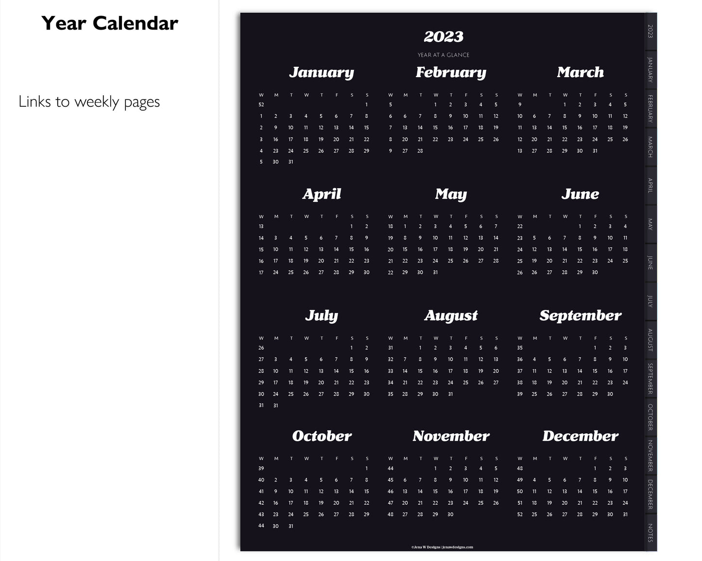 2023 Minimal Modern Monthly Weekly Planner | 12 Month Vertical Planner | Dark Mode