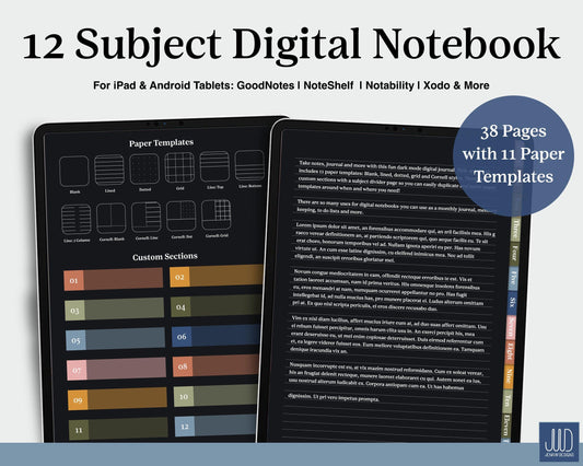 12 Subject Hyperlinked PDF Notebook | Dark Mode - Jena W Designs