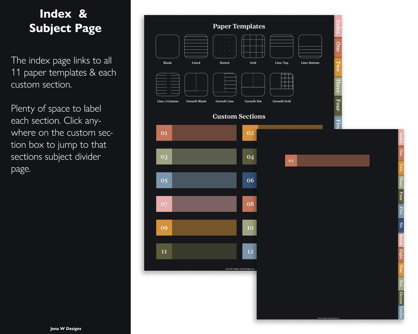 12 Subject Hyperlinked PDF Notebook | Dark Mode - Jena W Designs