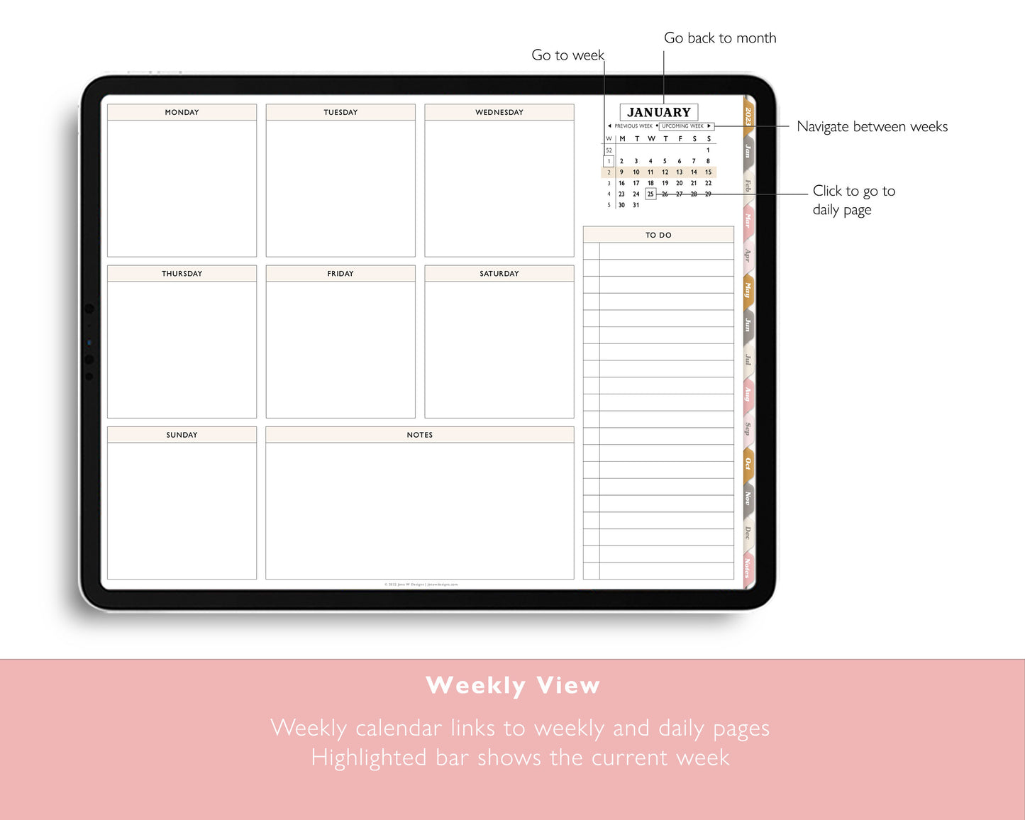 2023 Monthly + Weekly + Daily Digital Planner With 24 Custom Sections | Weekly Landscape Agenda