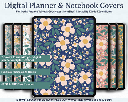 Digital Planner & Notebook Cover | 7 Floral Covers | Vertical - Jena W Designs