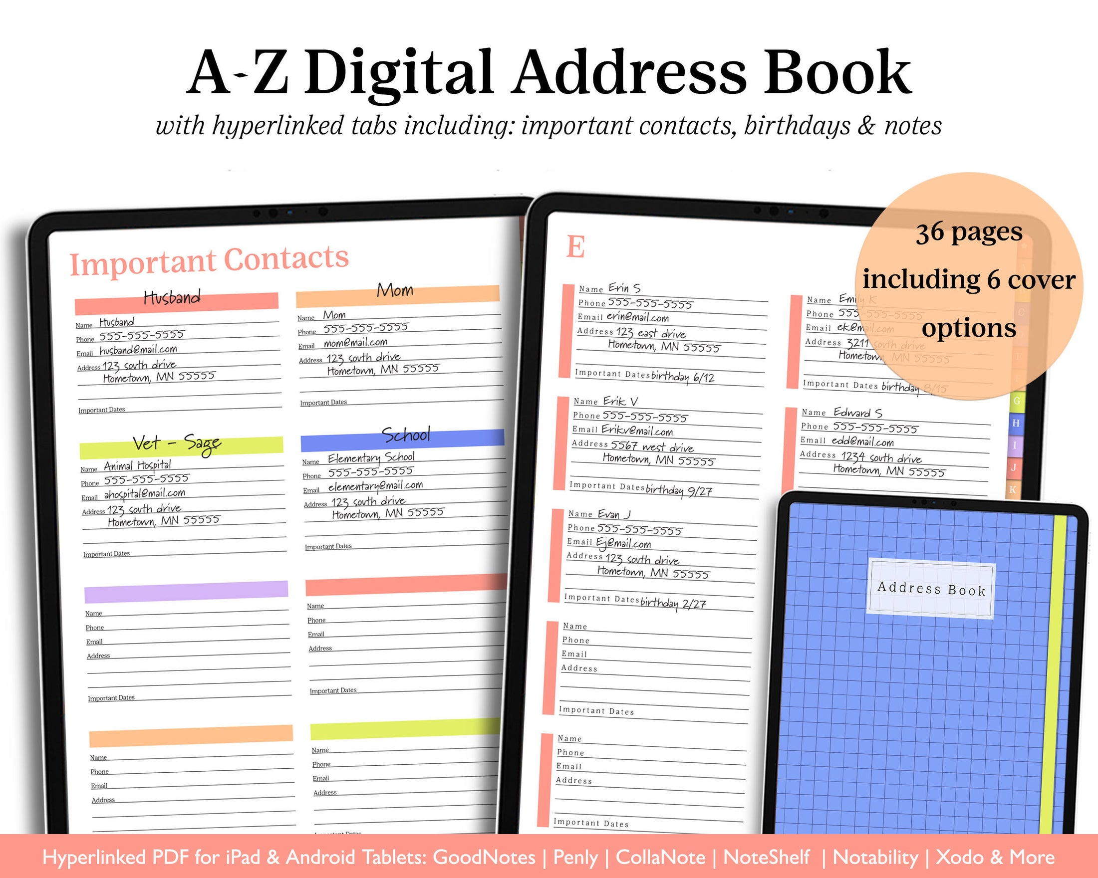 Address Book Open Digital Address Book | Hyperlinked PDF Contact Book – Jena W Designs