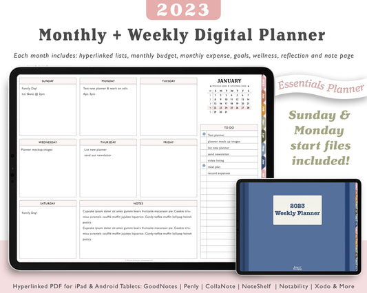 2023 Monthly + Weekly Digital Planner With 24 Custom Sections | Weekly Landscape Agenda