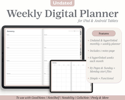 Undated Weekly Digital Planner | Realistic Two Page Landscape Planner