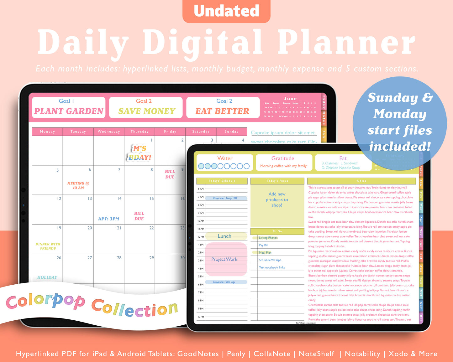 Undated Daily Planner with Monthly Budget & 12 Subject Notebook - Color Pop Collection