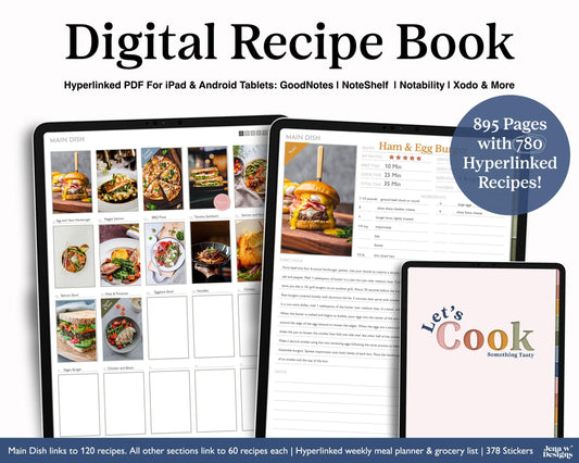 Digital Recipe Book with Meal Planner and Grocery List | Hyperlinked PDF Cookbook - Jena W Designs