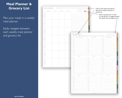 Digital Recipe Book with Meal Planner and Grocery List | Hyperlinked PDF Cookbook - Jena W Designs