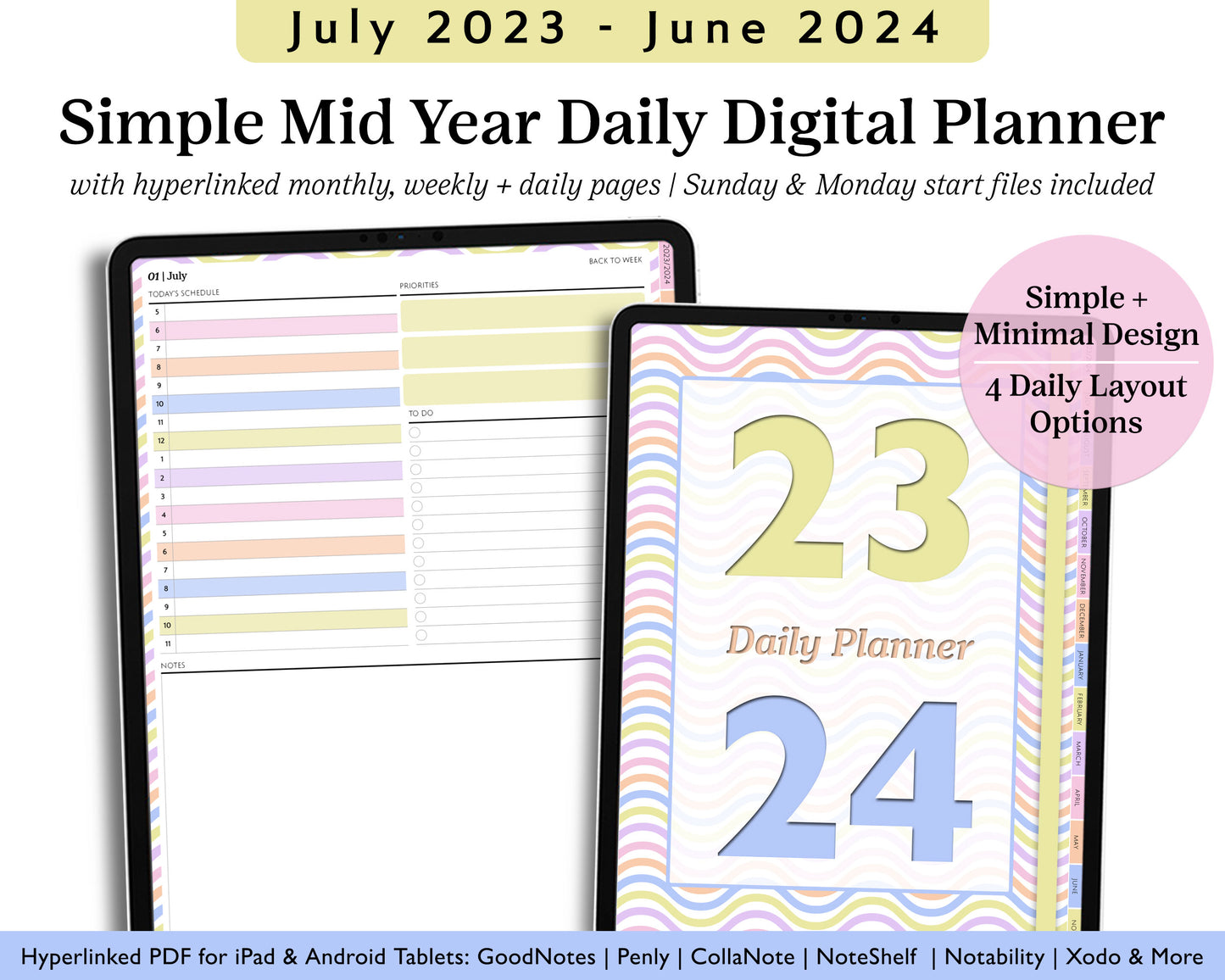2023 2024 Mid Year Daily Digital Planner | Minimal Modern Simple Agenda
